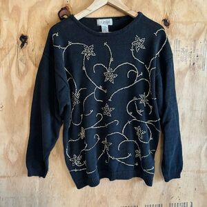 Vintage Cezanne Black & Gold Star Embellished Beaded Sweater Sz 18/20